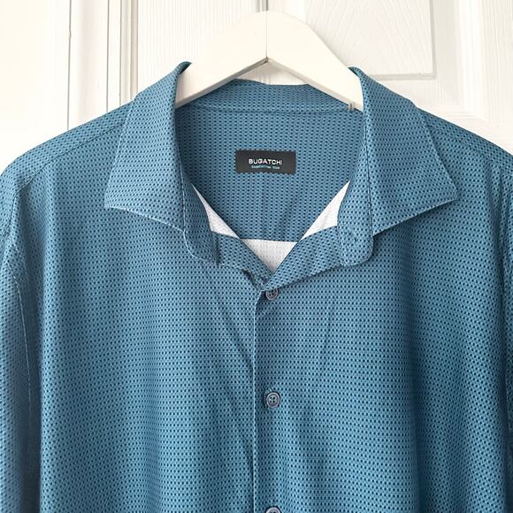 Bugatchi Teal OoohCotton Tech James Geometric Buttondown Long Sleeve Shirt XXL - Picture 8 of 13